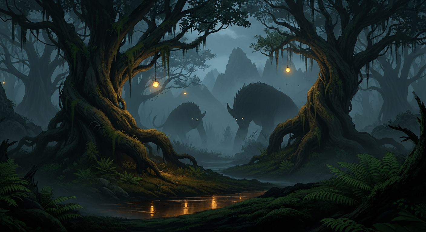 Misty dark forest with glowing amber lights